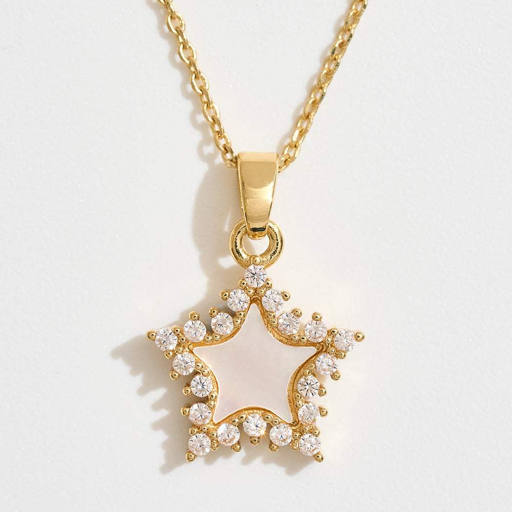 14K Gold Dipped CZ Stone Rim Mother of Pearl Star Pendant Necklace - Madeline Love - Flyclothing LLC
