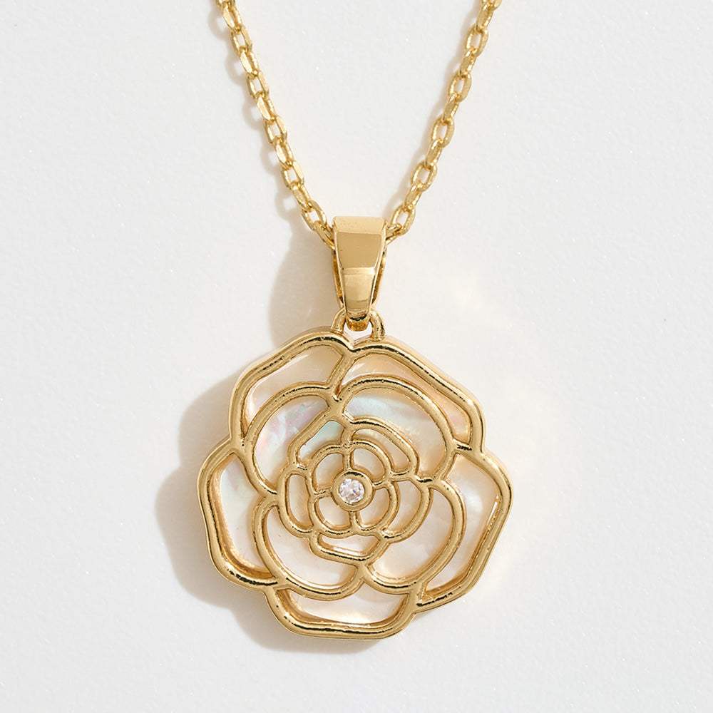 14K Gold Dipped CZ Stone Accent Mother of Pearl Rose Pendant Necklace - Madeline Love - Flyclothing LLC