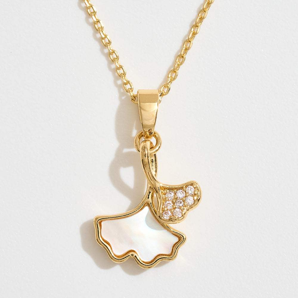 14k Gold Dipped CZ Stone Paved Mother of Pearl Ginkgo Leaf Pendant Necklace - Madeline Love - Flyclothing LLC