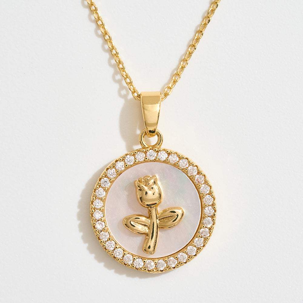 14K Gold Dipped CZ Stone Rim Flower Embossed Mother of Pearl Medallion Pendant Necklace - Madeline Love - Flyclothing LLC