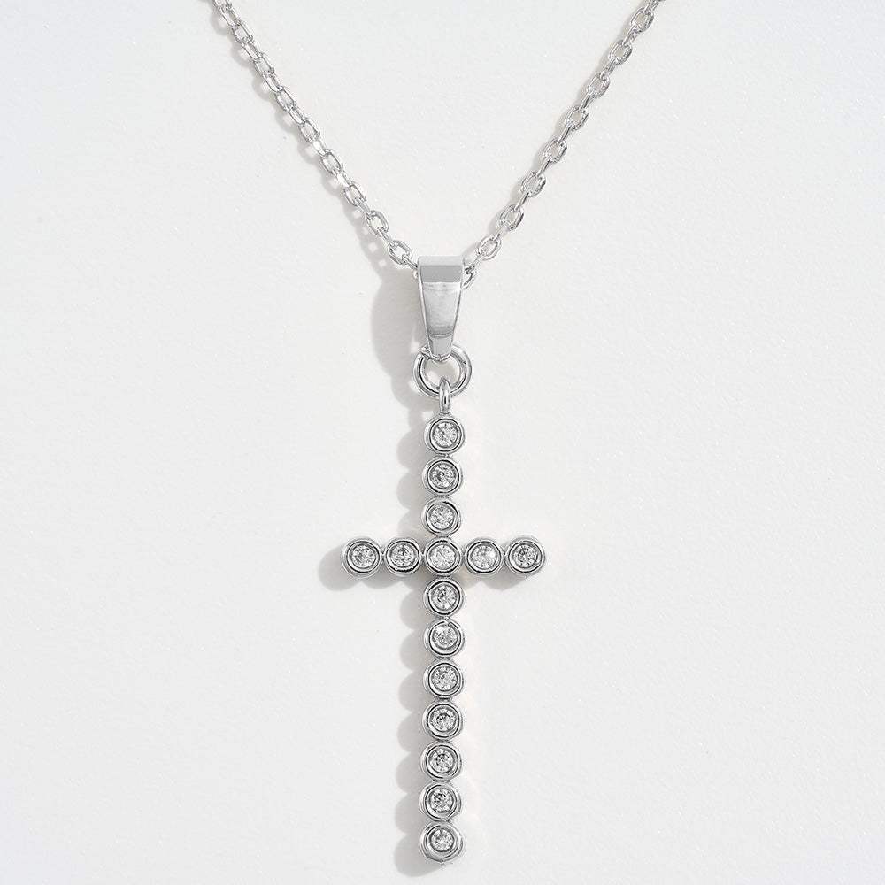 White Gold Dipped CZ Stone Bezel Cross Pendant Necklace - Madeline Love - Flyclothing LLC