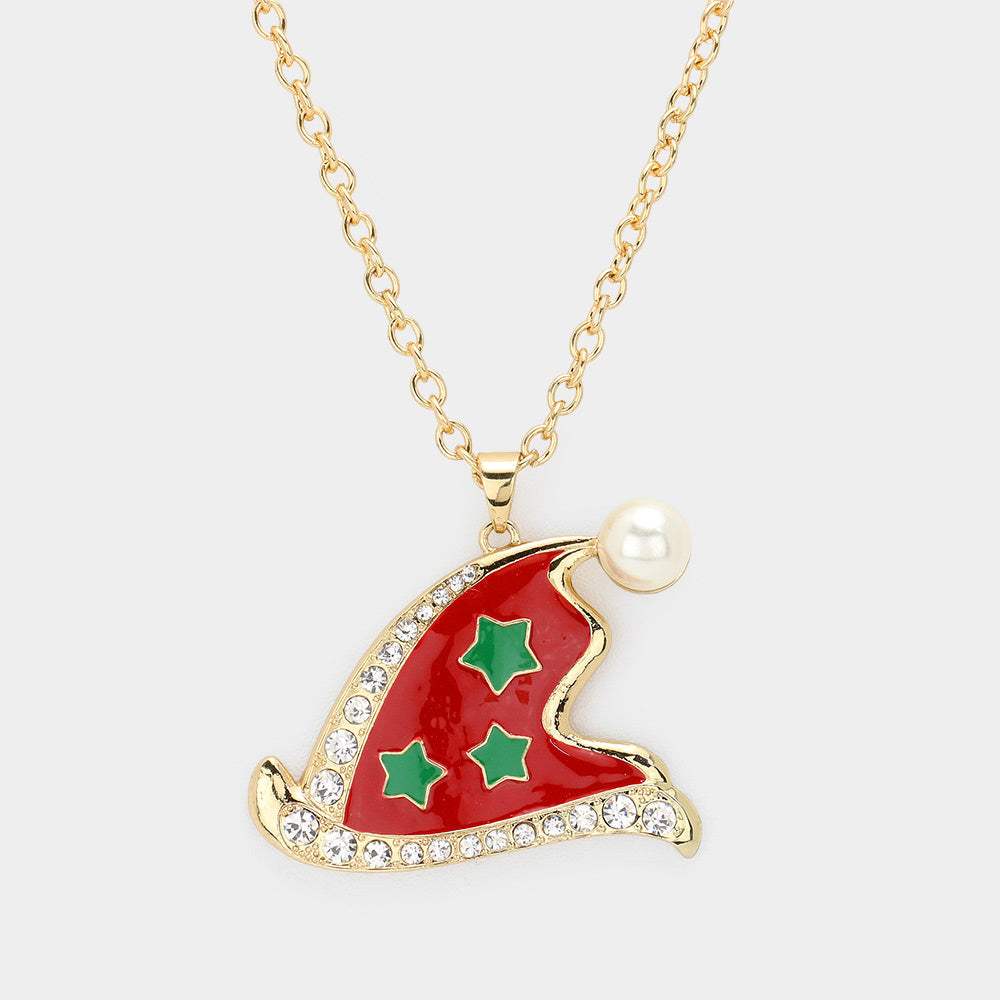 Pearl Pointed Enamel Christmas Santa Claus Hat Pendant Necklace - Madeline Love - Flyclothing LLC