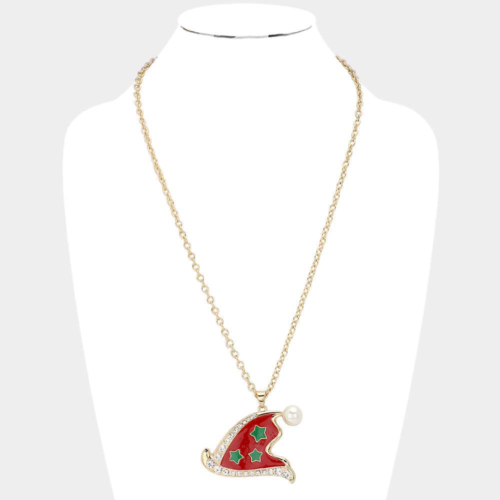 Pearl Pointed Enamel Christmas Santa Claus Hat Pendant Necklace - Madeline Love - Flyclothing LLC