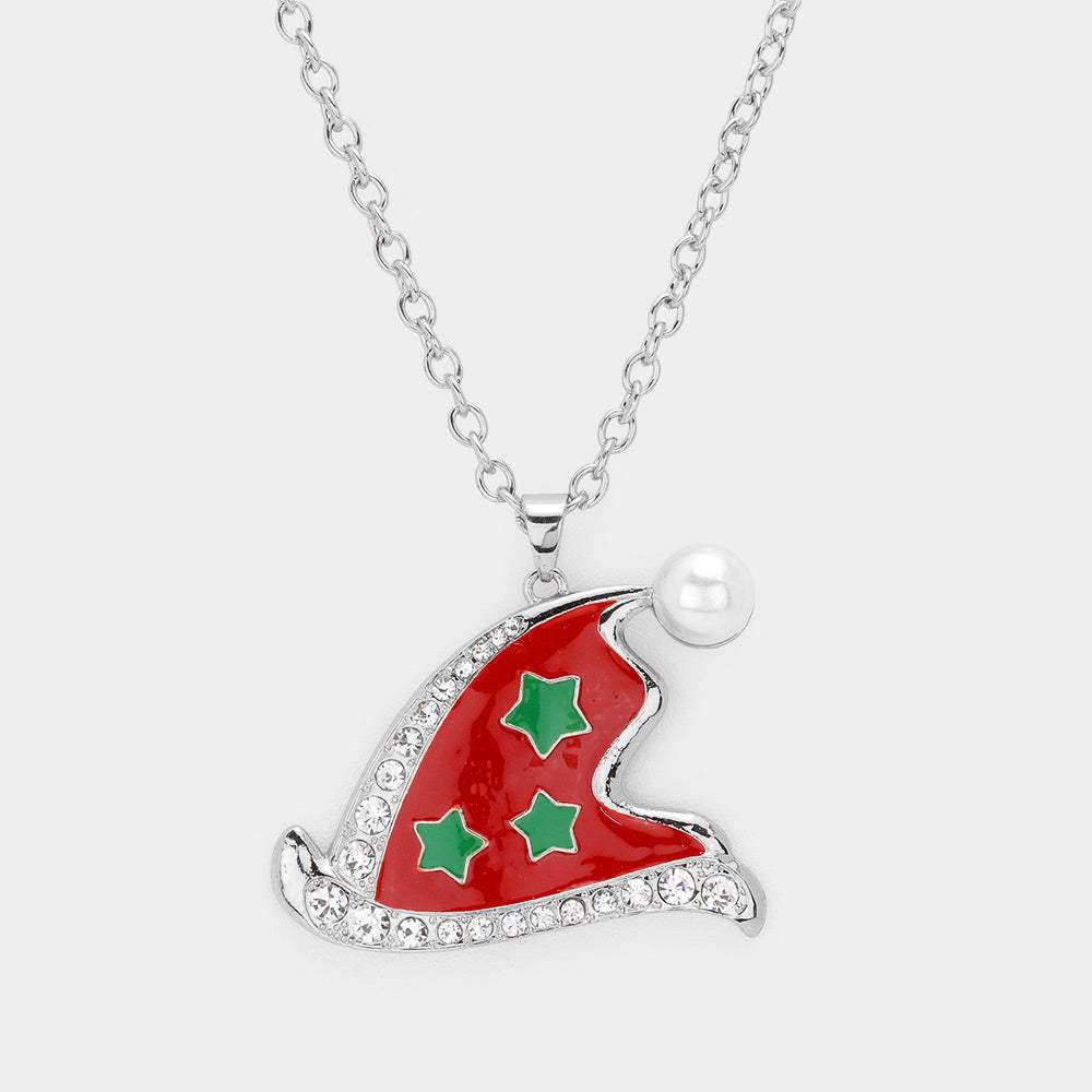 Pearl Pointed Enamel Christmas Santa Claus Hat Pendant Necklace - Madeline Love - Flyclothing LLC