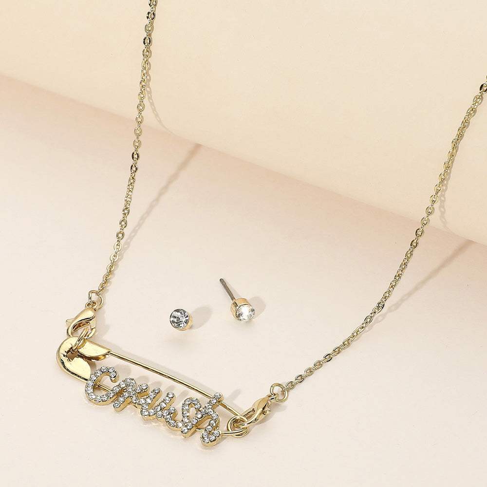 Rhinestone Paved CRUSH Message Pointed Safety Pin Pendant Necklace - Madeline Love - Flyclothing LLC