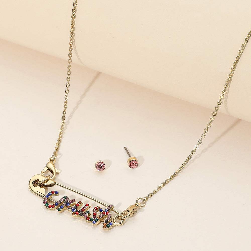 Rhinestone Paved CRUSH Message Pointed Safety Pin Pendant Necklace - Madeline Love - Flyclothing LLC