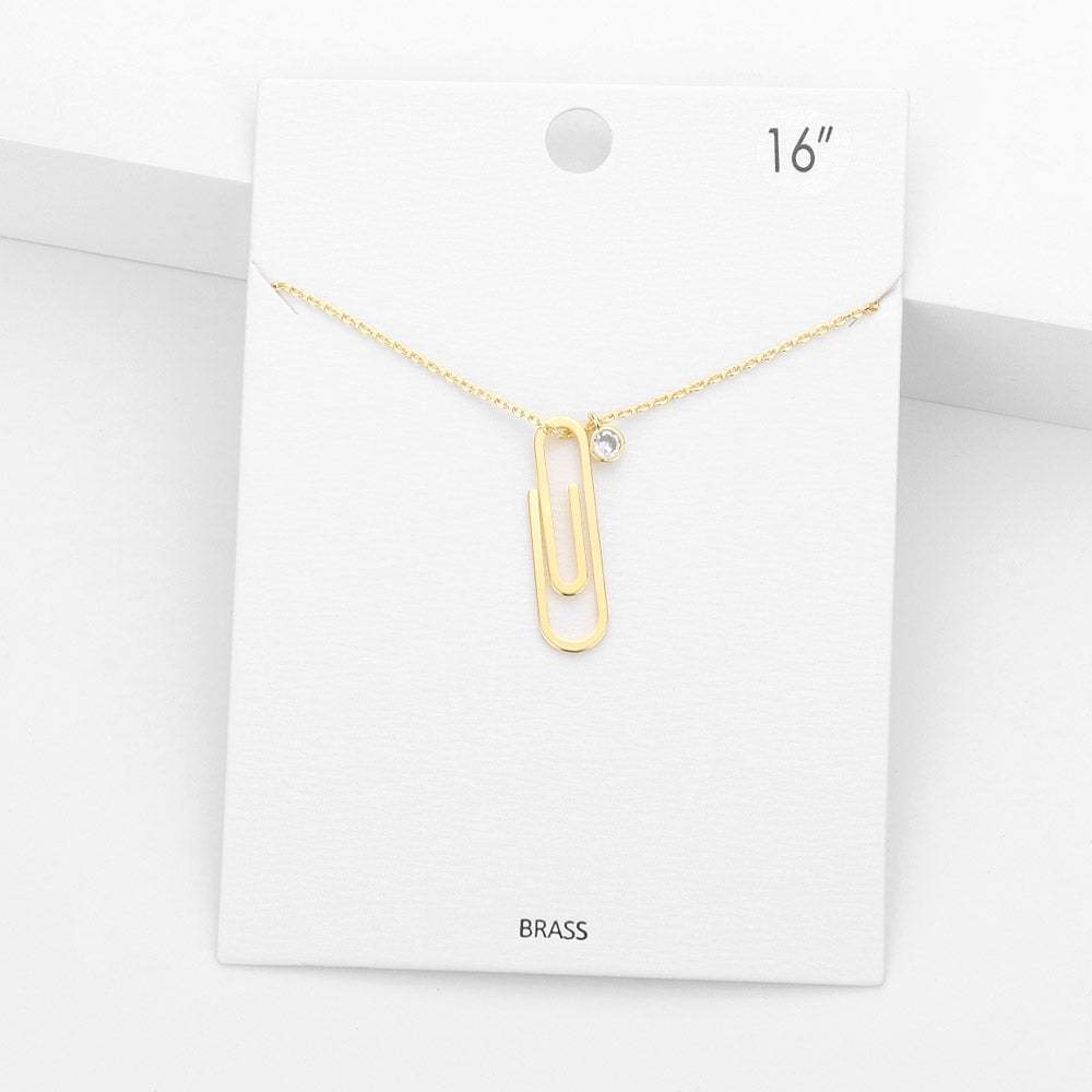 Brass Metal Paperclip Round Stone Pendant Necklace - Madeline Love - Flyclothing LLC
