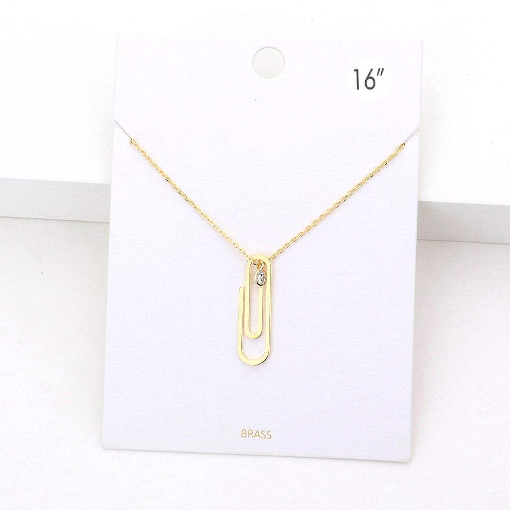 Brass Metal Paperclip Round Stone Pendant Necklace - Madeline Love - Flyclothing LLC