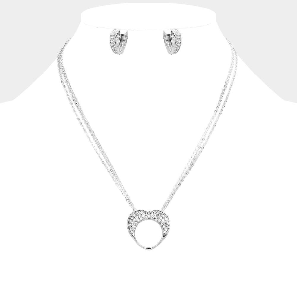 Crystal Rhinestone Pave Heart Cutout Round Pendant Necklace - Madeline Love - Flyclothing LLC