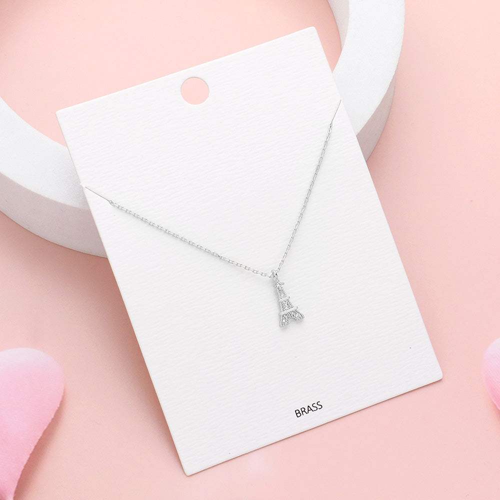 Rhinestone Embellished Brass Metal Eiffel Tower Pendant Necklace - Madeline Love - Flyclothing LLC