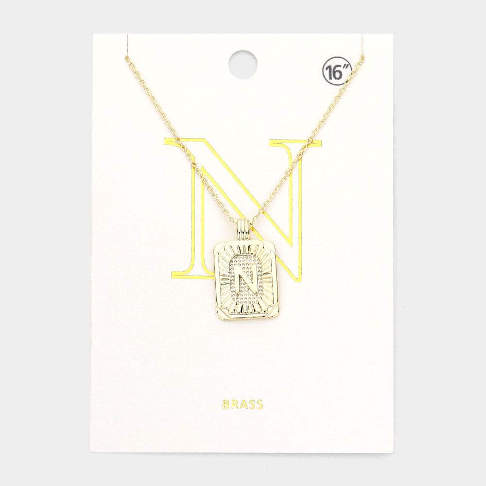 -N- Brass Metal Rectangle Initial Monogram Pendant Necklace - Madeline Love - Flyclothing LLC