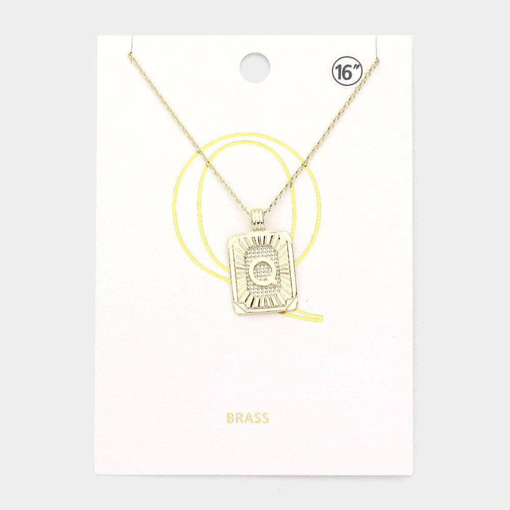 -Q- Brass Metal Rectangle Initial Monogram Pendant Necklace - Madeline Love - Flyclothing LLC