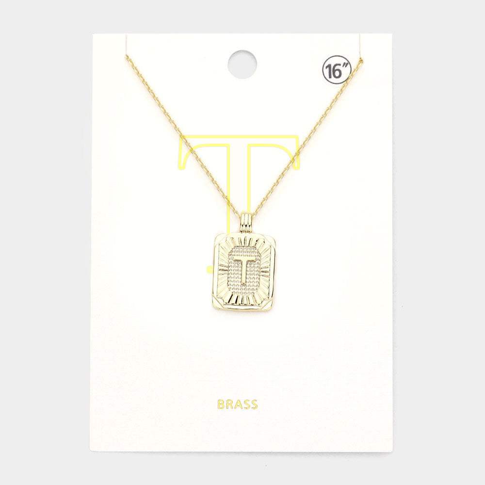 -T- Brass Metal Rectangle Initial Monogram Pendant Necklace - Madeline Love - Flyclothing LLC