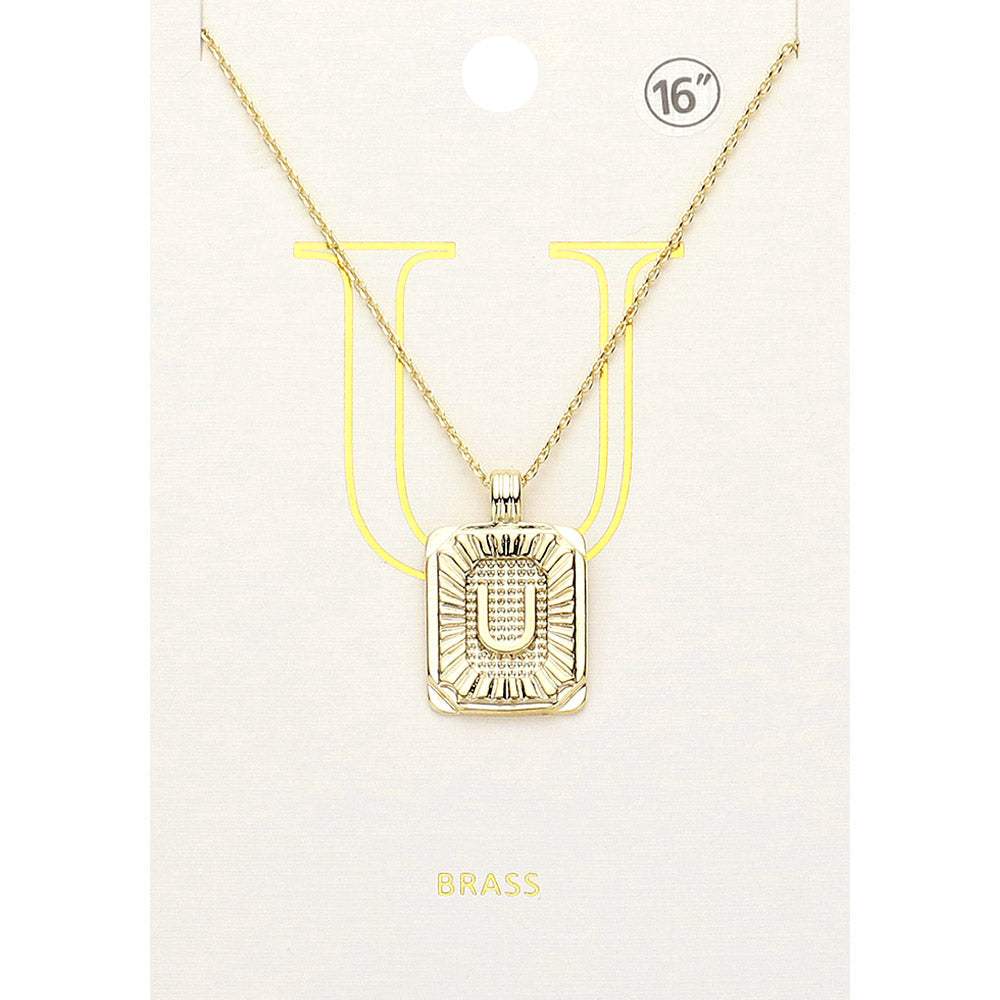 -U- Brass Metal Rectangle Initial Monogram Pendant Necklace - Madeline Love - Flyclothing LLC