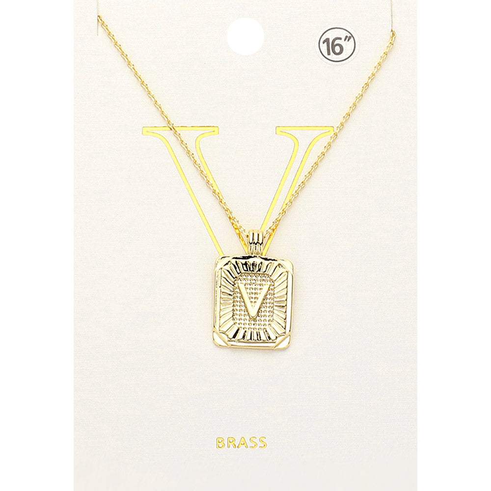-V- Brass Metal Rectangle Initial Monogram Pendant Necklace - Madeline Love - Flyclothing LLC