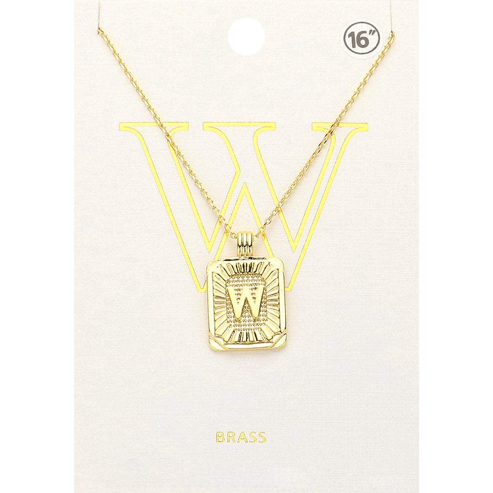 -W- Brass Metal Rectangle Initial Monogram Pendant Necklace - Madeline Love - Flyclothing LLC