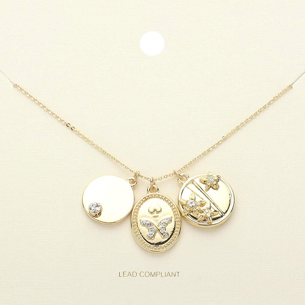 Stone Paved Butterfly Flower Pointed Disc Charm Pendant Necklace - Madeline Love - Flyclothing LLC