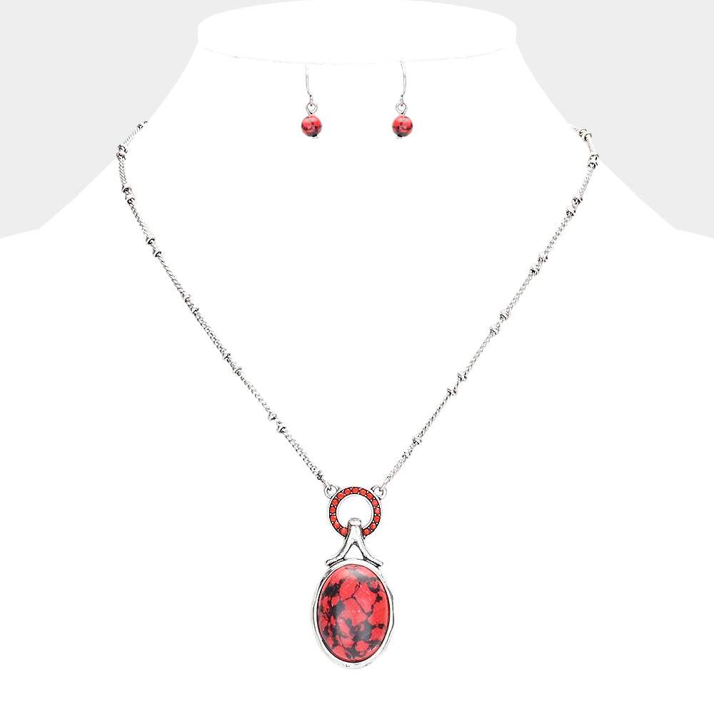 Stone Embellished Open Circle Oval Natural Stone Pendant Necklace - Madeline Love - Flyclothing LLC