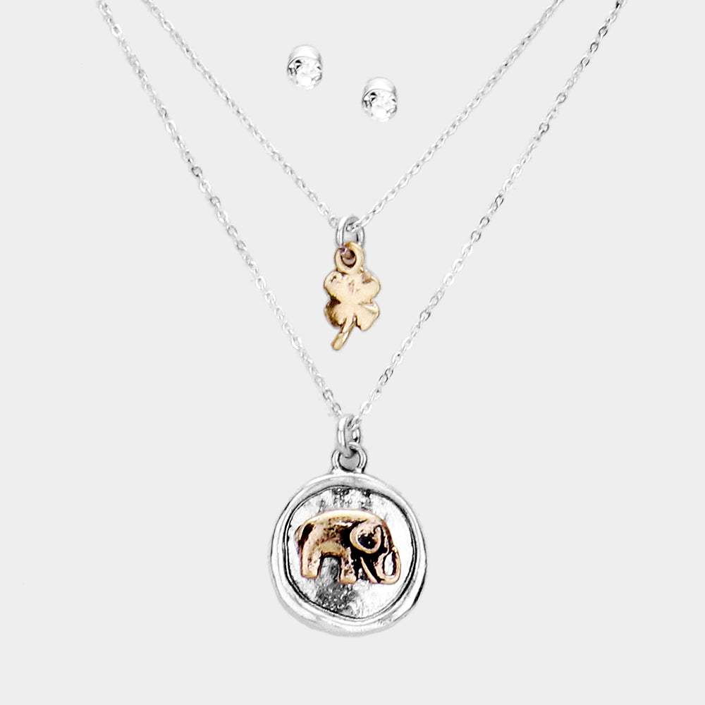 Burnished Metal Elephant Clover Pendant Layered Necklace - Madeline Love - Flyclothing LLC