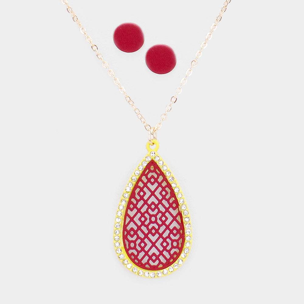 Filigree Rhinestone Pave Teardrop Pendant Necklace - Madeline Love - Flyclothing LLC