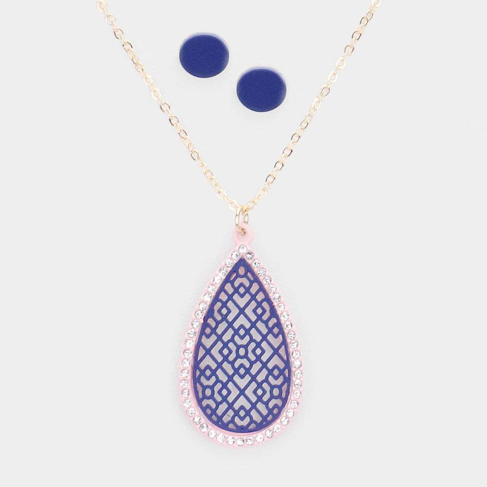 Filigree Rhinestone Pave Teardrop Pendant Necklace - Madeline Love - Flyclothing LLC