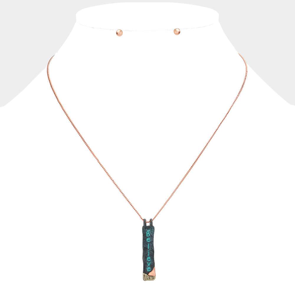 "Believe" Hammered Metal Bar Pendant Necklace - Madeline Love - Flyclothing LLC