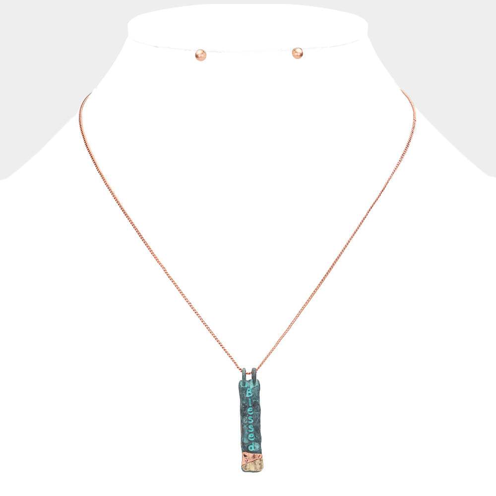 "Blessed" Hammered Metal Bar Pendant Necklace - Madeline Love - Flyclothing LLC