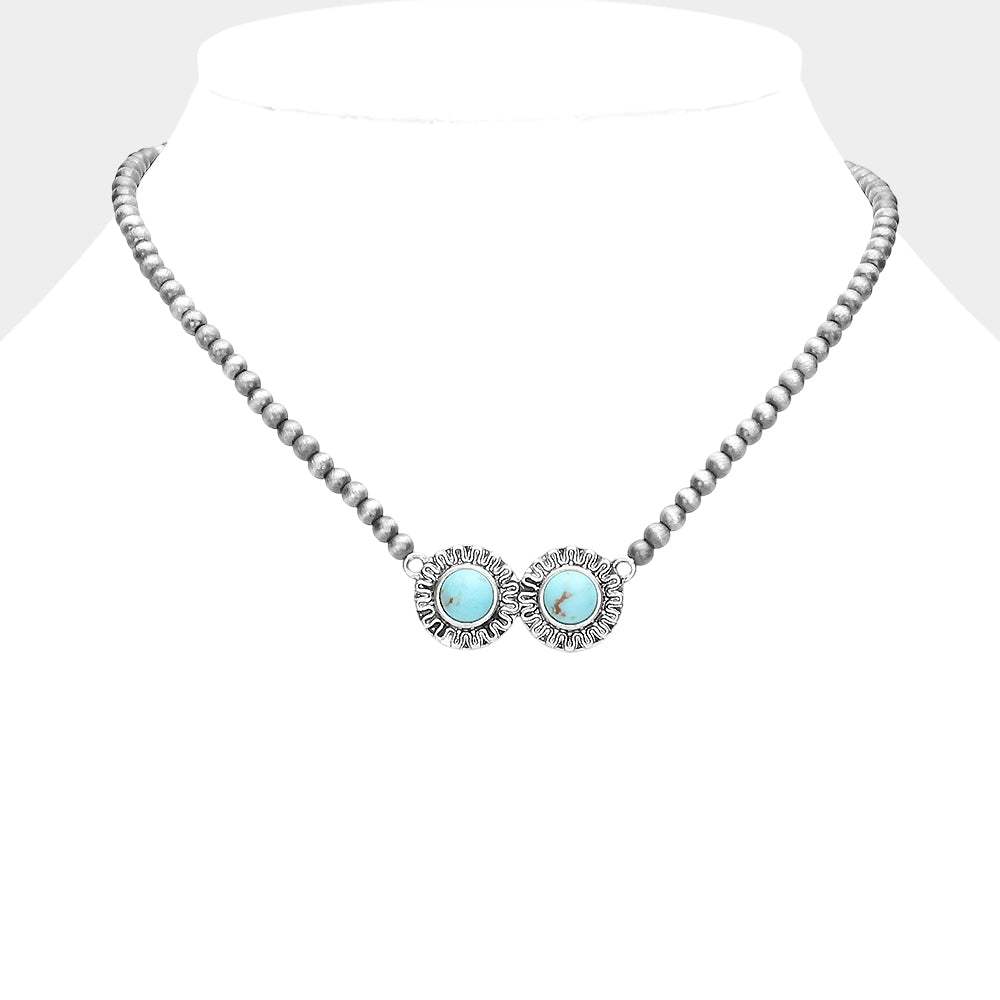 Double Round Turquoise Accented Antique Metal Pendant Necklace - Madeline Love - Flyclothing LLC