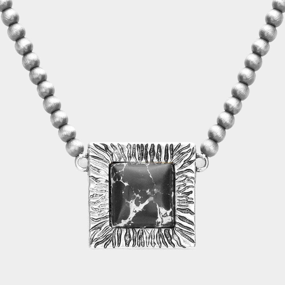 Square Natural Stone Accented Pendant Necklace - Madeline Love - Flyclothing LLC
