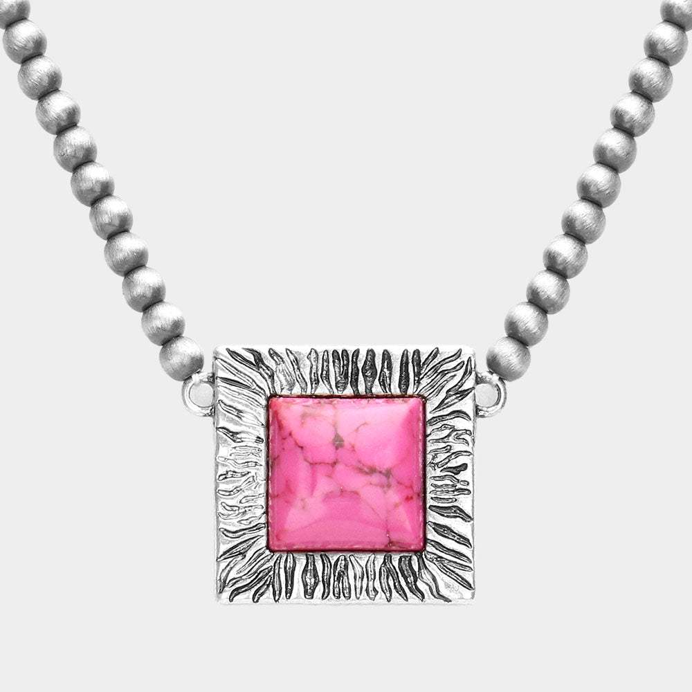 Square Natural Stone Accented Pendant Necklace - Madeline Love - Flyclothing LLC