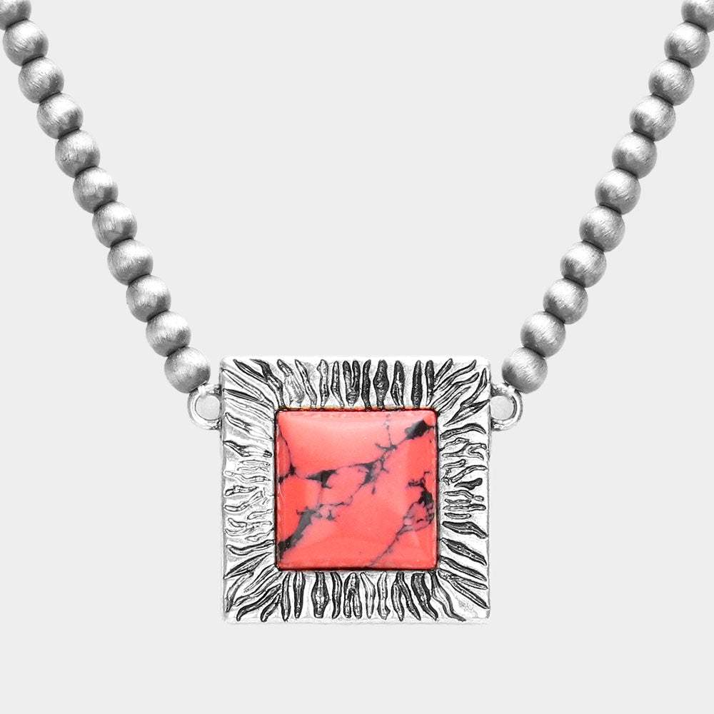 Square Natural Stone Accented Pendant Necklace - Madeline Love - Flyclothing LLC