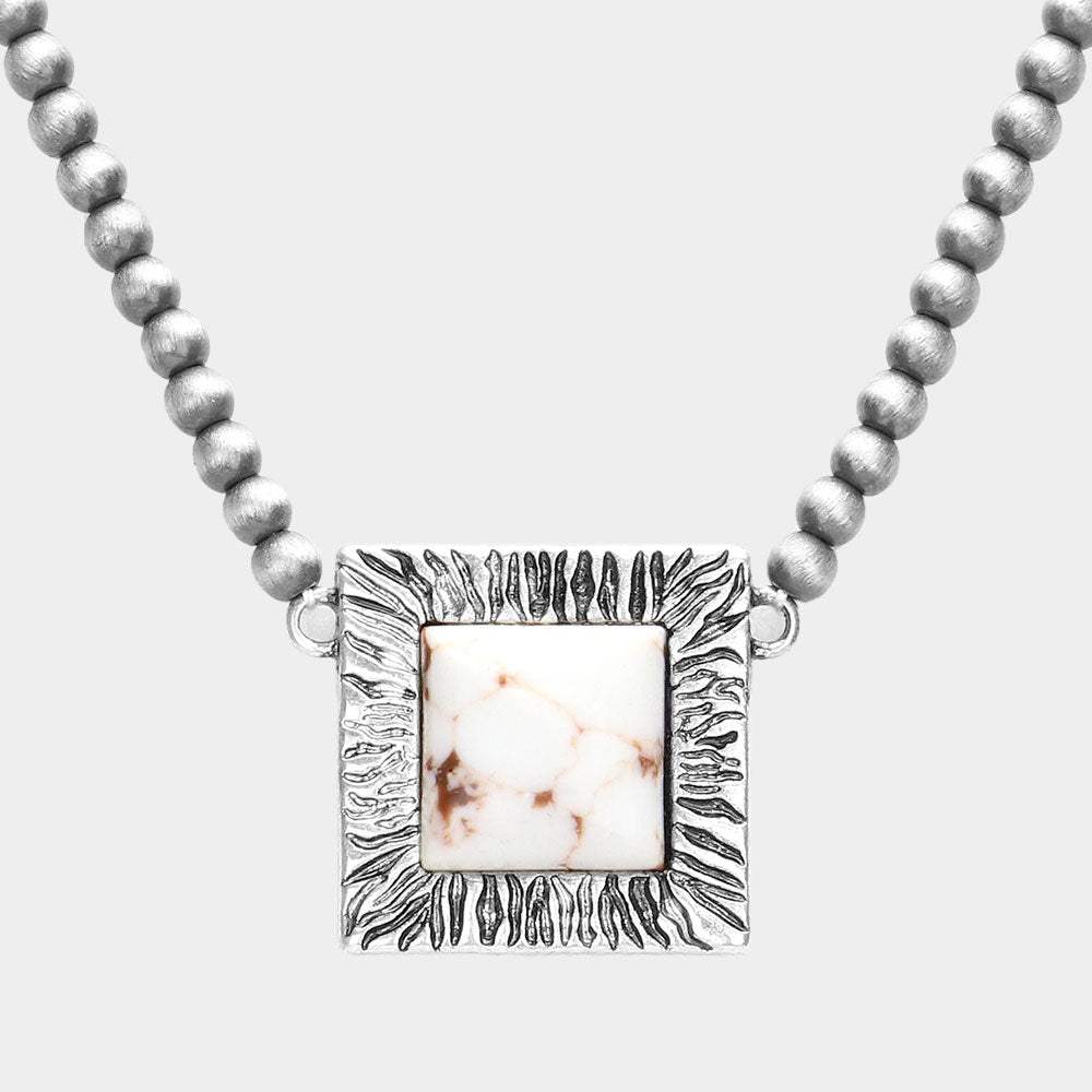 Square Natural Stone Accented Pendant Necklace - Madeline Love - Flyclothing LLC