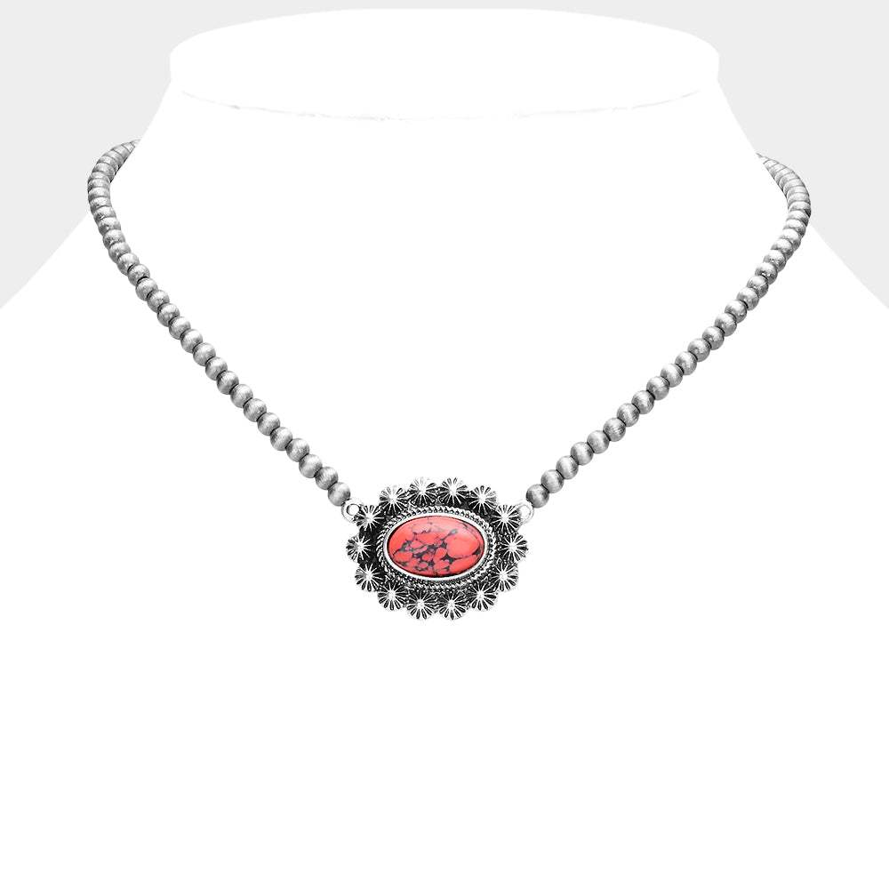 Oval Natural Stone Accented Pendant Necklace - Madeline Love - Flyclothing LLC