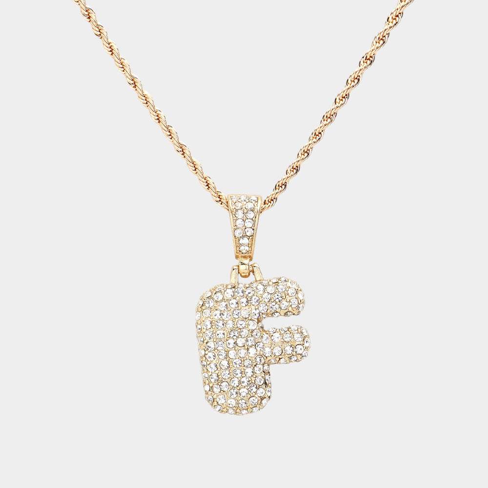 -F- Rhinestone Initial Monogram Pendant Brass Chain Necklace - Madeline Love - Flyclothing LLC