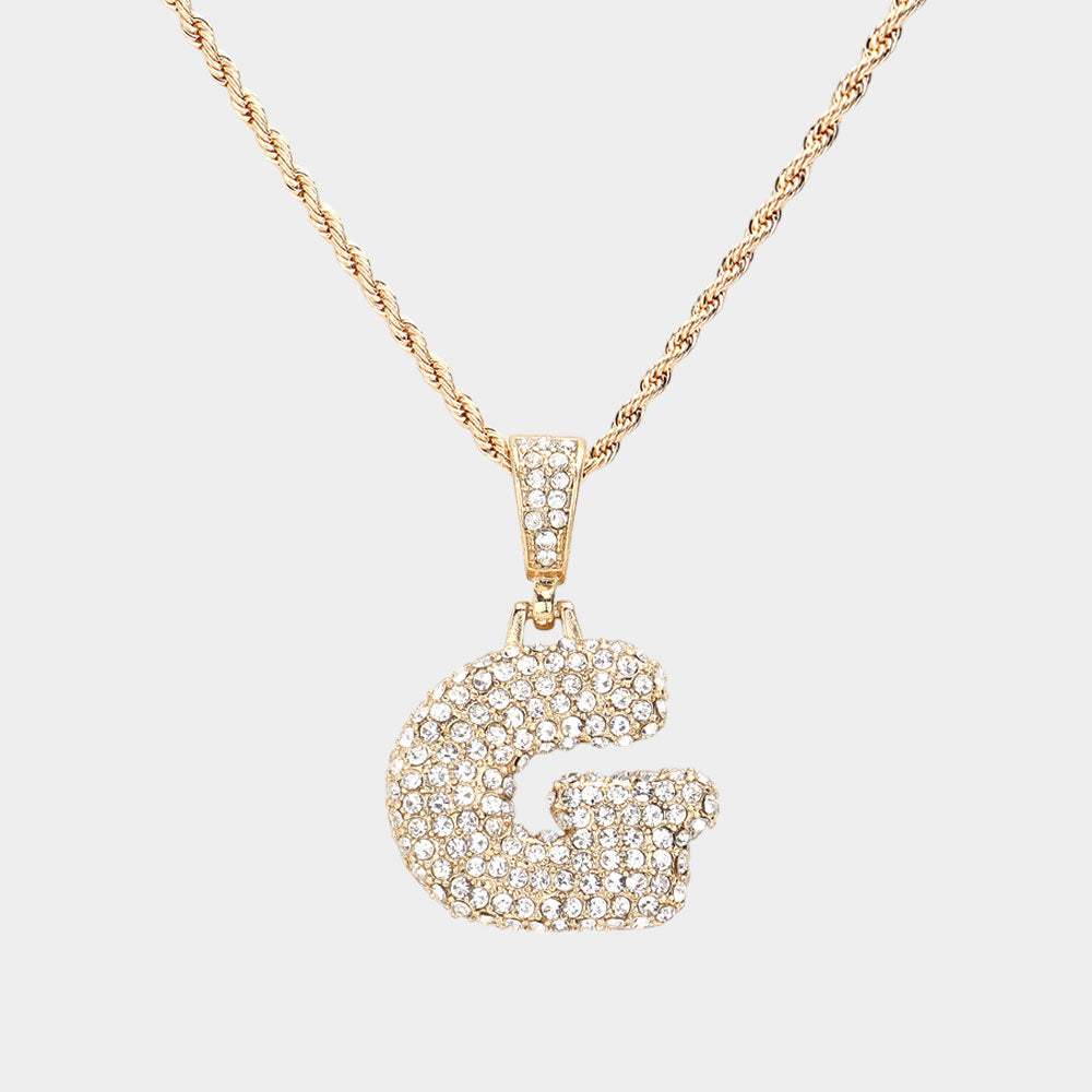 -G- Rhinestone Initial Monogram Pendant Brass Chain Necklace - Madeline Love - Flyclothing LLC