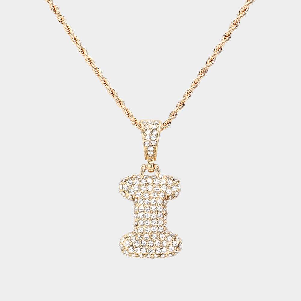 -I- Rhinestone Initial Monogram Pendant Brass Chain Necklace - Madeline Love - Flyclothing LLC
