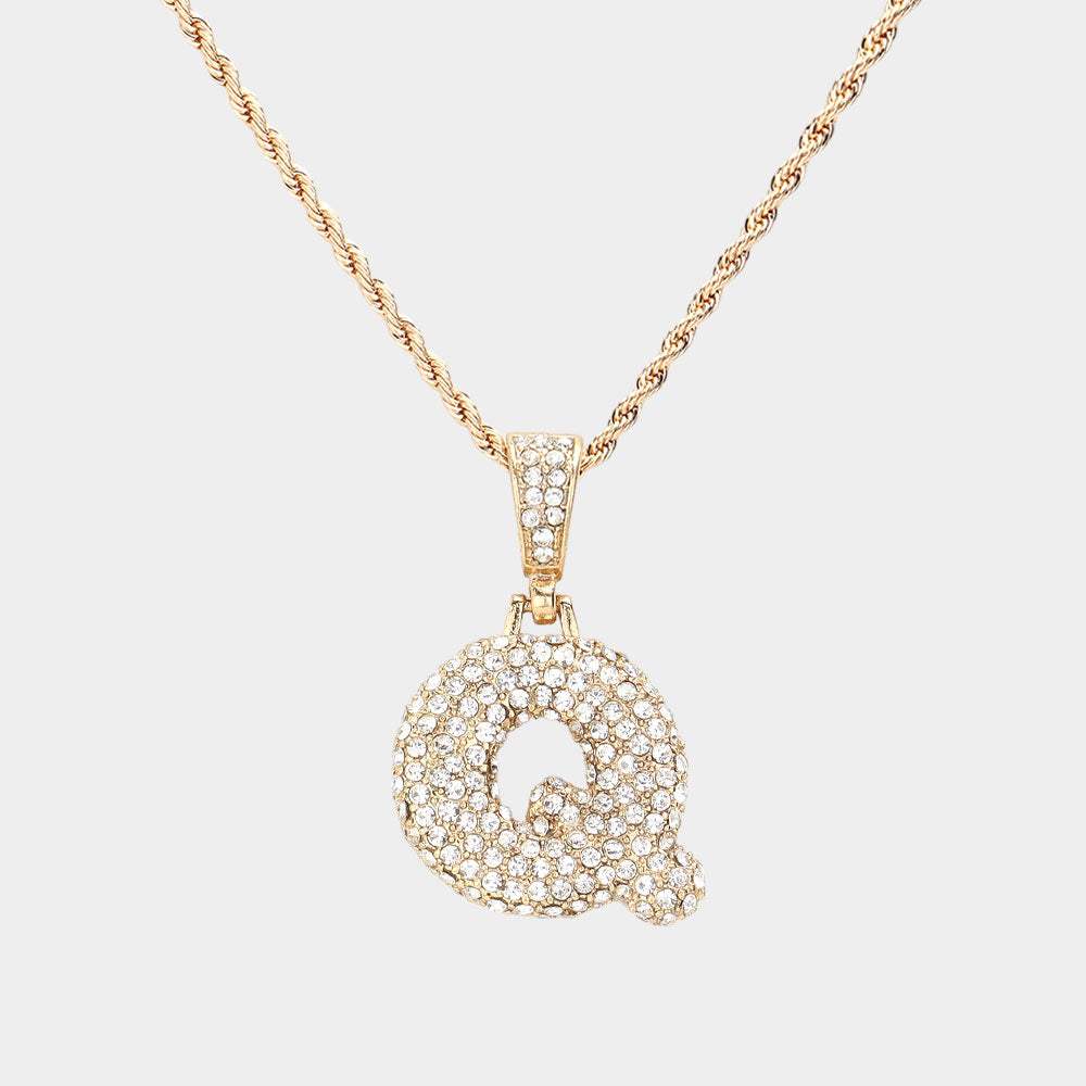 -Q- Rhinestone Initial Monogram Pendant Brass Chain Necklace - Madeline Love - Flyclothing LLC