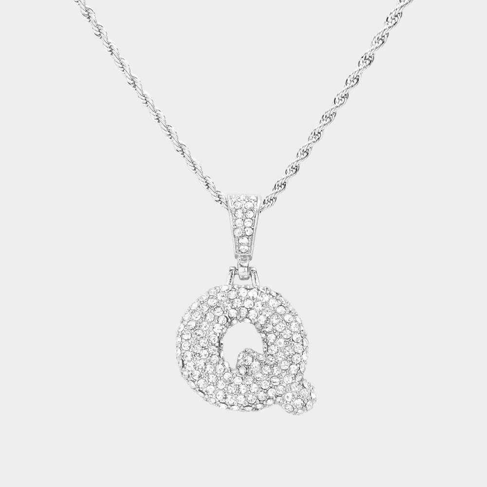-Q- Rhinestone Initial Monogram Pendant Brass Chain Necklace - Madeline Love - Flyclothing LLC