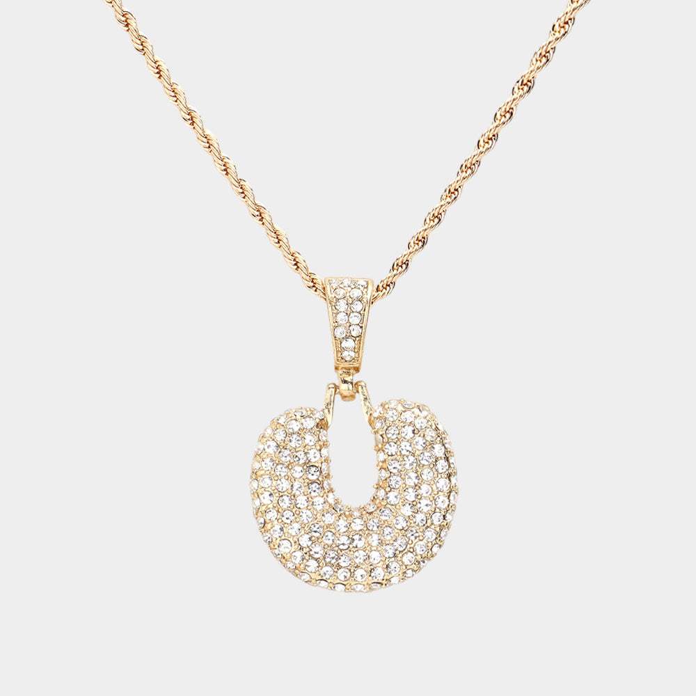 -U- Rhinestone Initial Monogram Pendant Brass Chain Necklace - Madeline Love - Flyclothing LLC