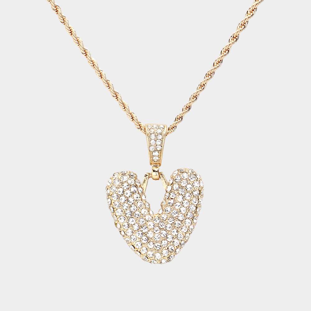 -V- Rhinestone Initial Monogram Pendant Brass Chain Necklace - Madeline Love - Flyclothing LLC