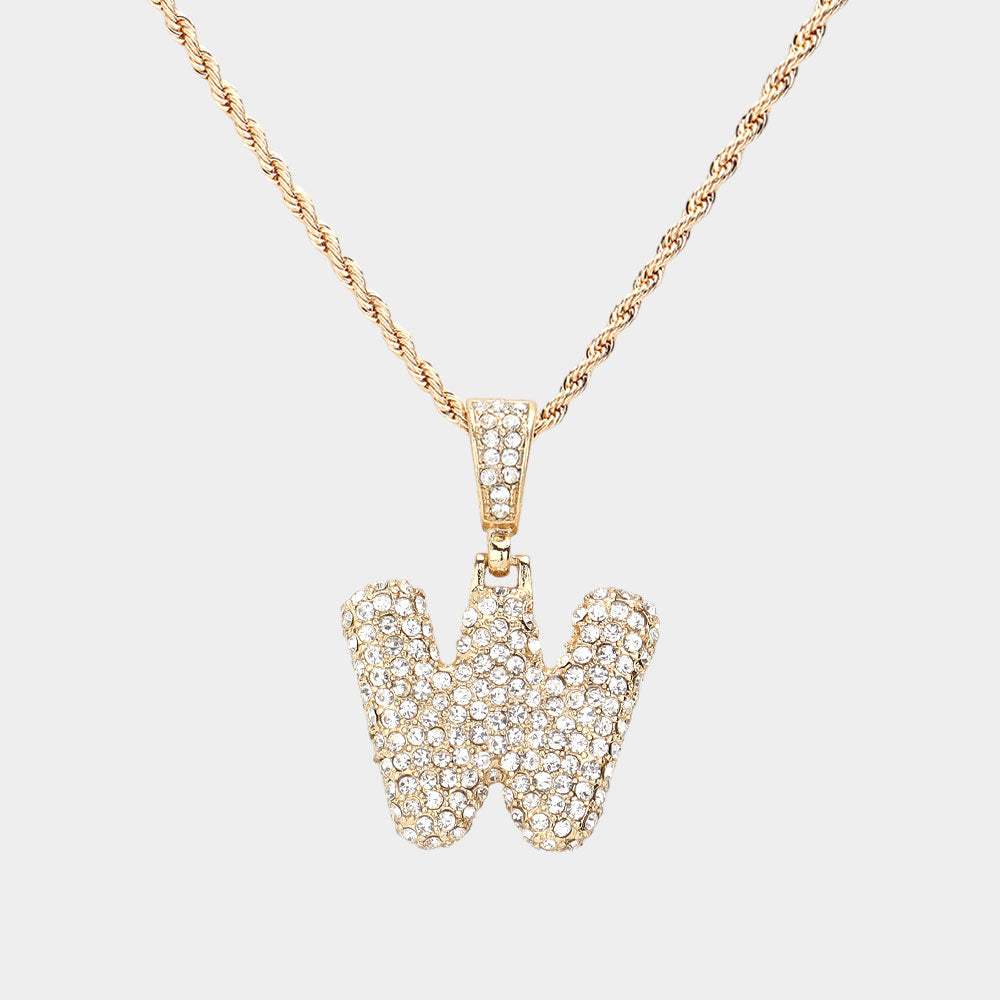 -W- Rhinestone Initial Monogram Pendant Brass Chain Necklace - Madeline Love - Flyclothing LLC