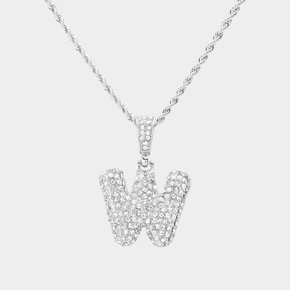 -W- Rhinestone Initial Monogram Pendant Brass Chain Necklace - Madeline Love - Flyclothing LLC