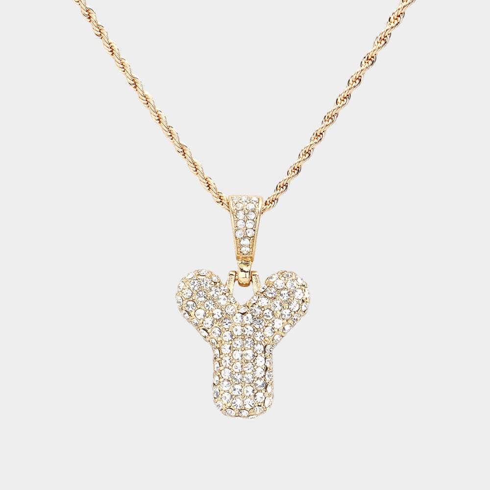-Y- Rhinestone Initial Monogram Pendant Brass Chain Necklace - Madeline Love - Flyclothing LLC