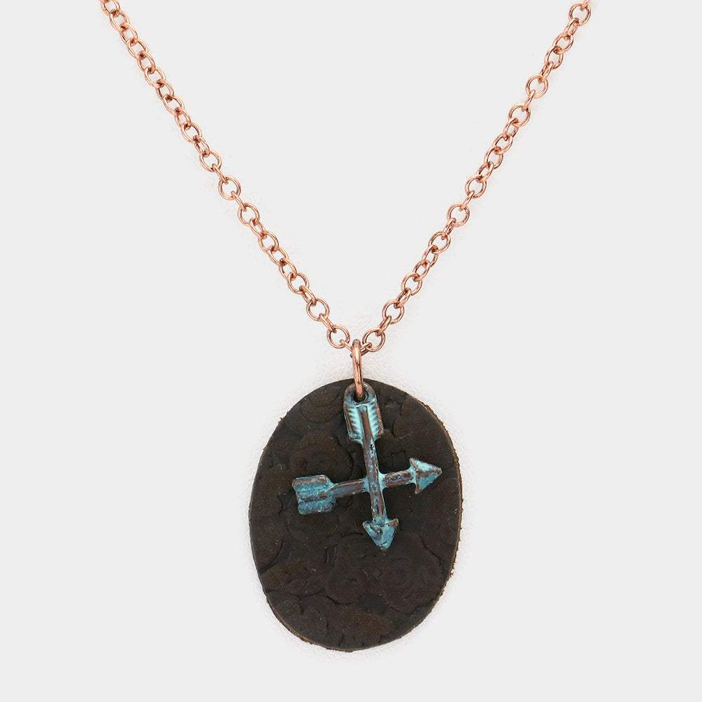 Oval Faux Leather Metal Arrow Pendant Necklace - Madeline Love - Flyclothing LLC
