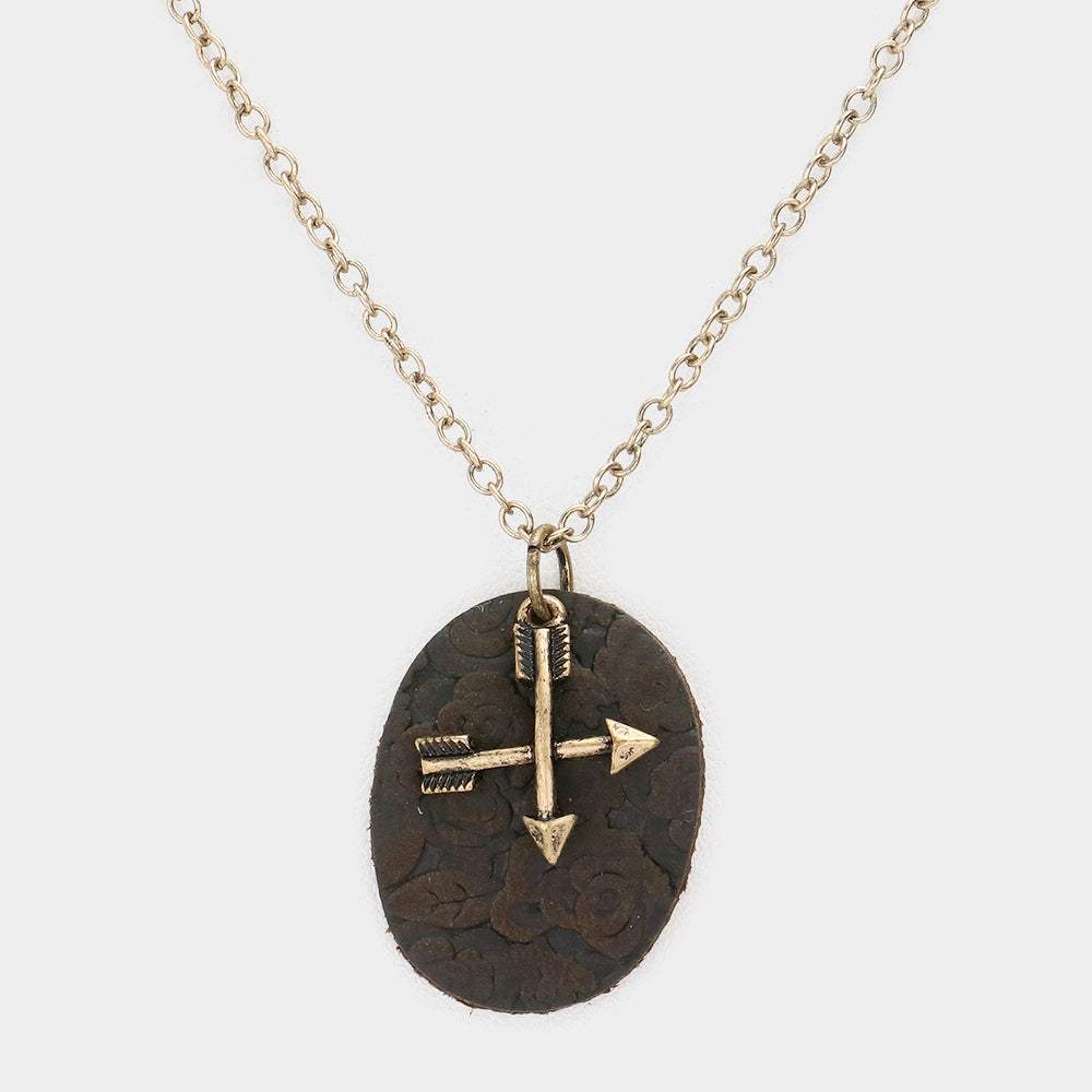 Oval Faux Leather Metal Arrow Pendant Necklace - Madeline Love - Flyclothing LLC