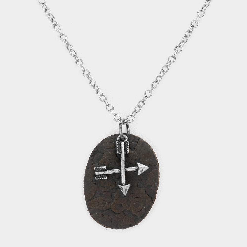 Oval Faux Leather Metal Arrow Pendant Necklace - Madeline Love - Flyclothing LLC
