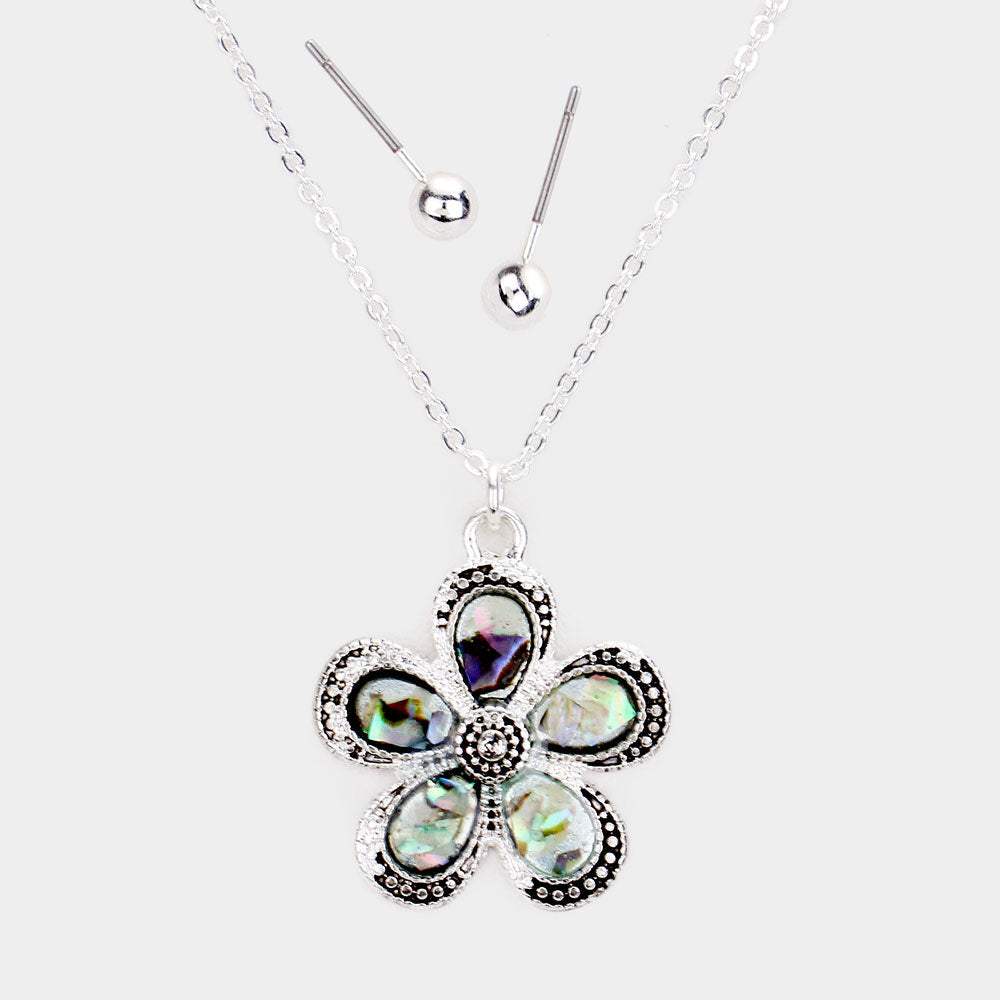 Antique Sliver Abalone Flower Pendant Necklace - Madeline Love - Flyclothing LLC