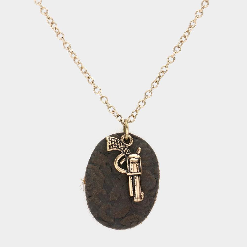 Oval Faux Leather Metal Gun Pendant Necklace - Madeline Love - Flyclothing LLC
