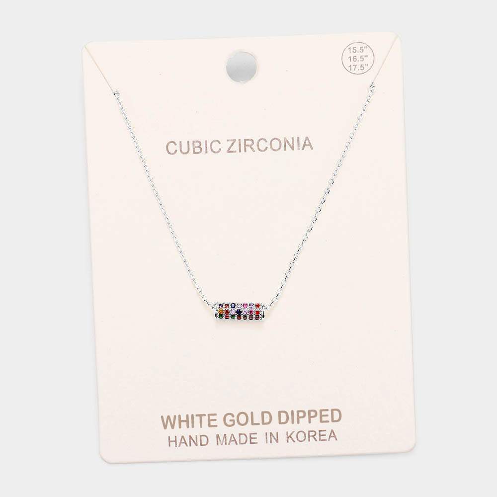White Gold Dipped Cubic Zirconia Bar Pendant Necklace - Madeline Love - Flyclothing LLC