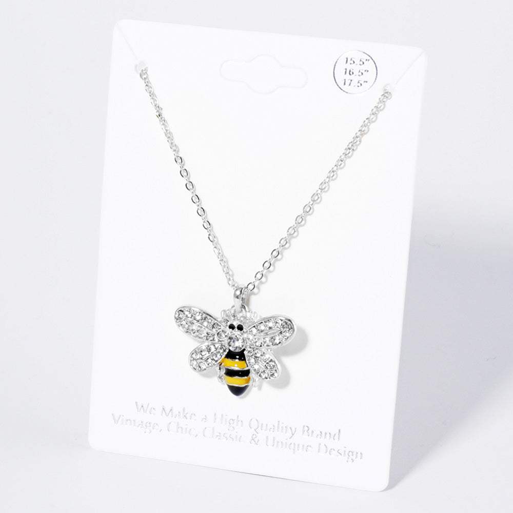 Crystal Rhinestone Paved Enamel Honey Bee Pendant Necklace - Madeline Love - Flyclothing LLC